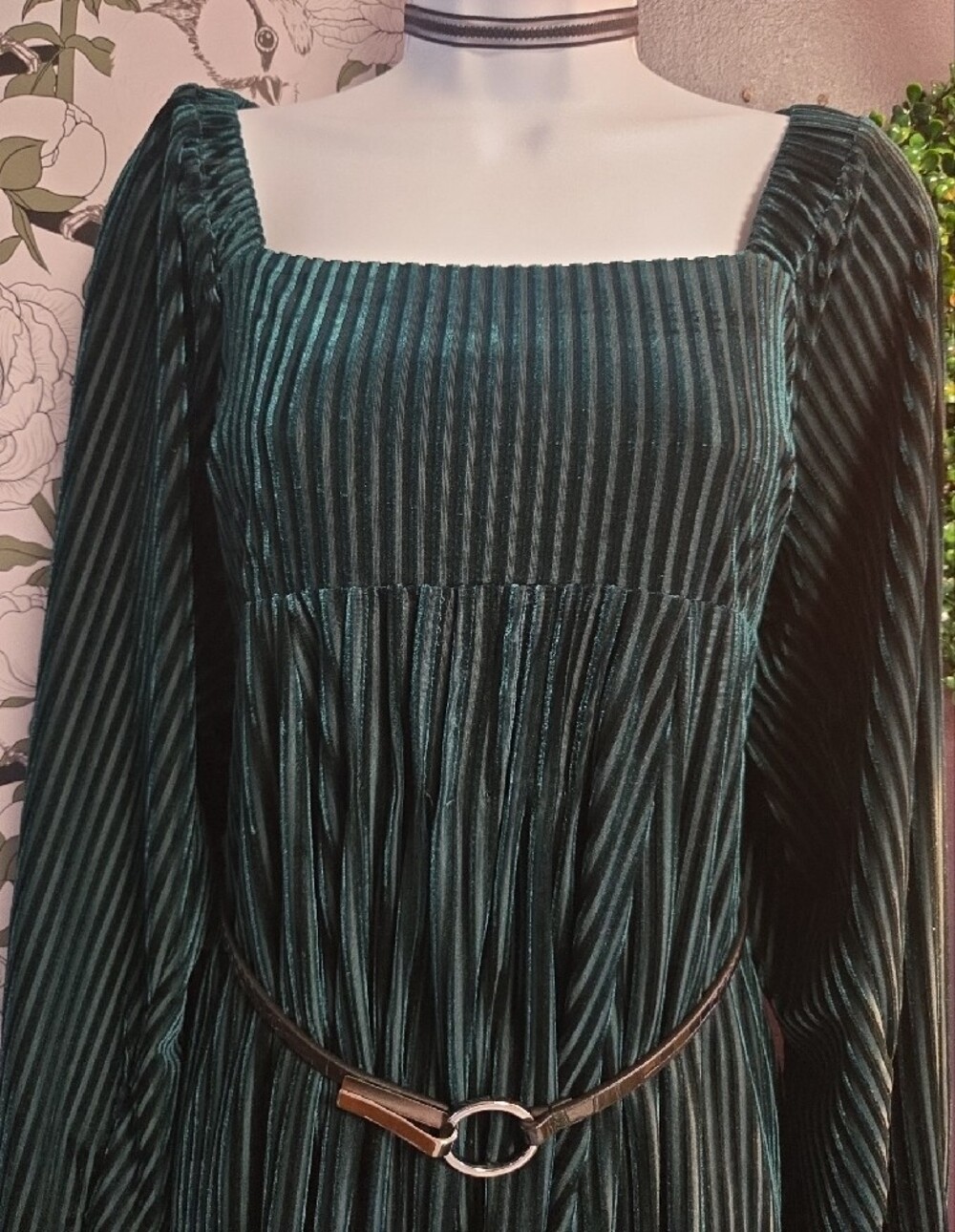 Emerald Green Striped Velvet Style Babydoll Dress